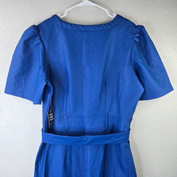 Ashley Stewart Faux Leather Midi Dress Royal Blue Button Down Belted Edgy Retro - Picture 8 of 13